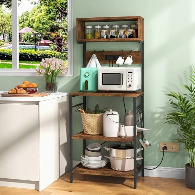 Estante de cozinha com encaixe micro-ondas Com 2 tomadas com prateleiras abertas Ganchos 60 x 42 x 153 cm Castanho