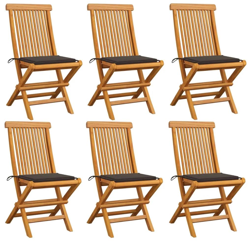 Cadeiras de jardim c/ almofadões cinza-acast. 6 pcs teca maciça