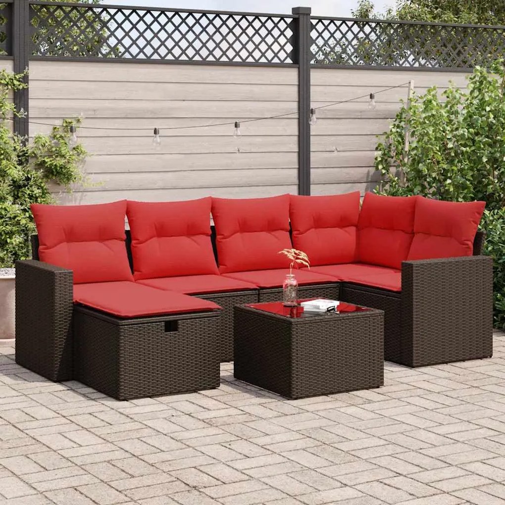 7 pcs conjunto de sofás jardim c/ almofadões vime PE castanho