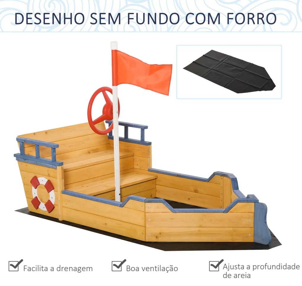 Caixa de Areia Infantil de Madeira em Forma de Galeão – 158x78 cm, com