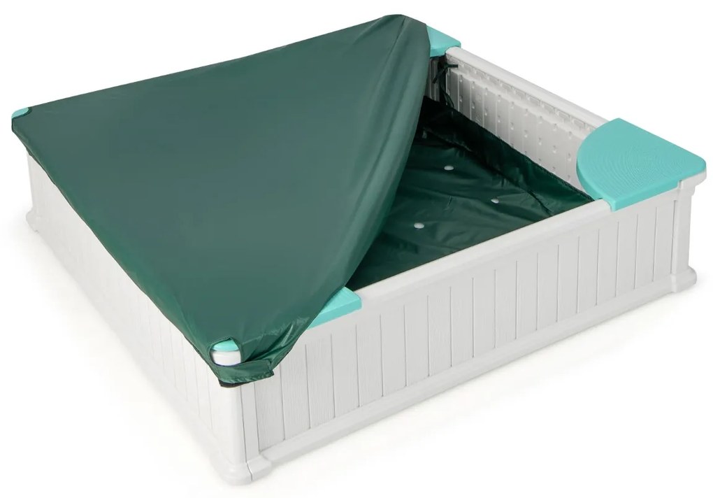 Caixa de areia com cobertura impermeável em HDPE com 4 assentos nos cantos, revestimento inferior e cobertura protetora, branca