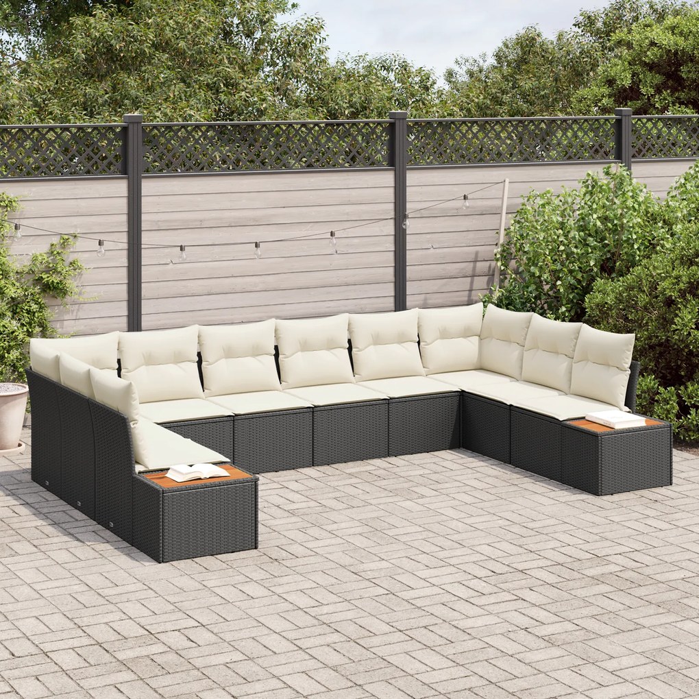 Conjunto de Sofá de Jardim de 10 Peças com Almofadas Preto Poliratan A