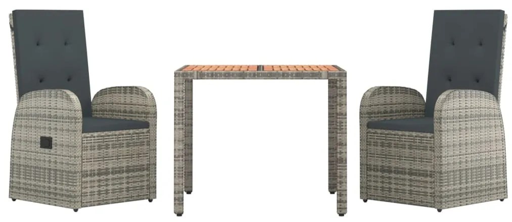 3 pcs conjunto de jantar p/ jardim c/ almofadões vime PE cinza