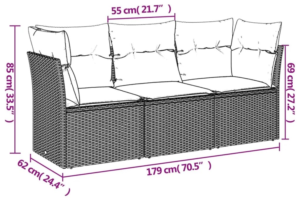 3 pcs conjunto sofás de jardim c/ almofadões vime PE cinzento