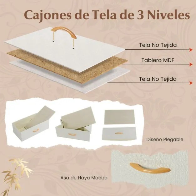 Comoda com 5 gavetas 58 x 30 x 94 cm para quarto em bambu com 5 gavetas dobráveis em tecido e prateleira superior natural