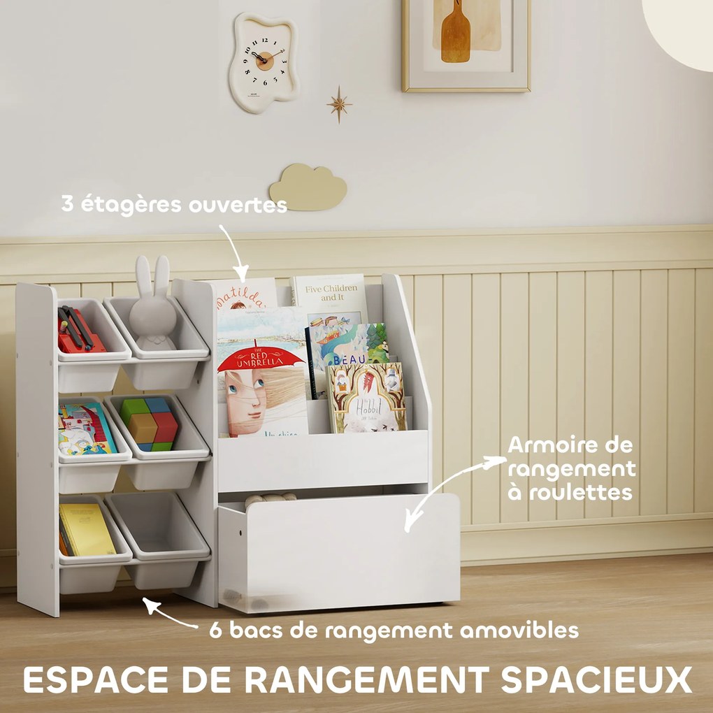 Móvel de arrumação infantil para brinquedos 100 x 30 x 80 cm, com 6 caixas removíveis e um grande baú com Rodas, branco