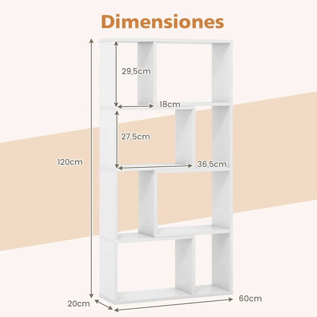 Estante geométrica de 4 níveis com 120 cm de altura com 8 cubos aberta para sala de estar e escritório Branca