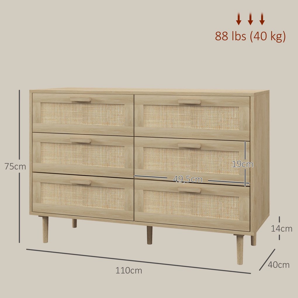 Cómoda com 6 gavetas, móvel de arrumação com trançado de vime, 110 x 40 x 75 cm, acabamento em madeira clara