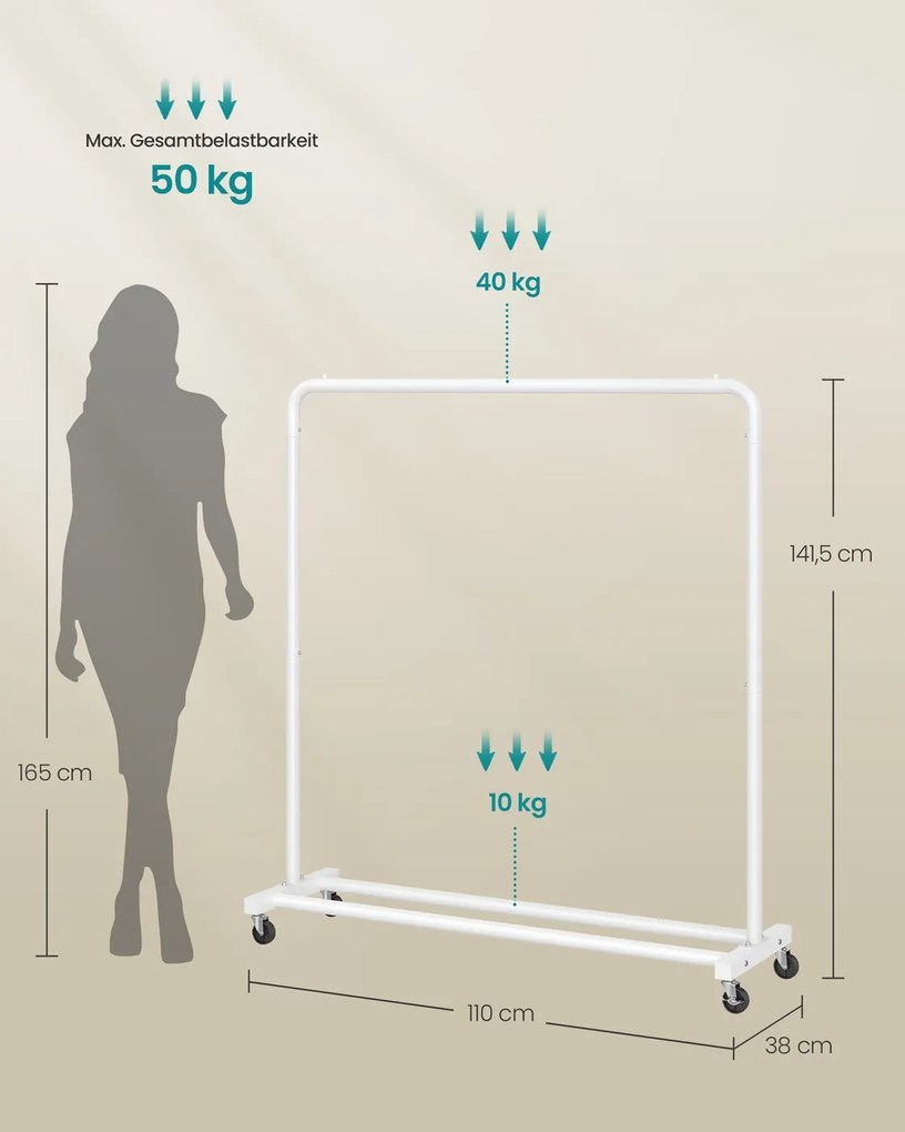 Guarda roupa cabideiro 38 x 110 x 141,5 cm com rodas para arrumação flexível, branco mate