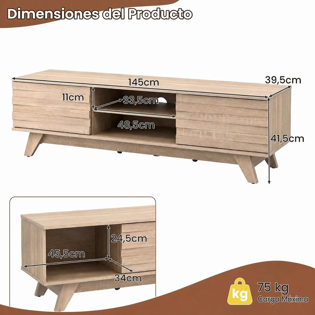 Móvel de TV com Portas de Correr, 145 x 39,5 x 41,5 cm, Prateleira Ajustável, Natural