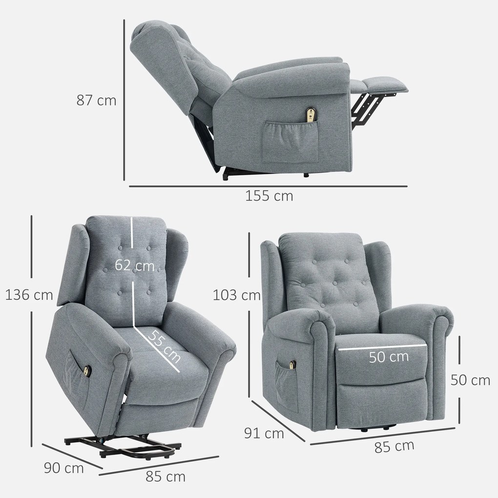 Poltrona Relax Reclinável Elétrica Poltrona Elevatória com Encosto Alto Capitonê Controlo Remoto 85x91x103 cm Cinza