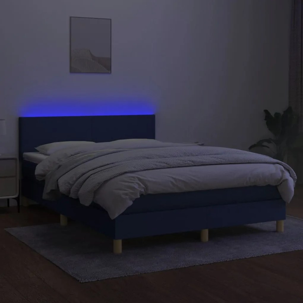 Cama box spring c/ colchão e LED 140x200 cm tecido azul