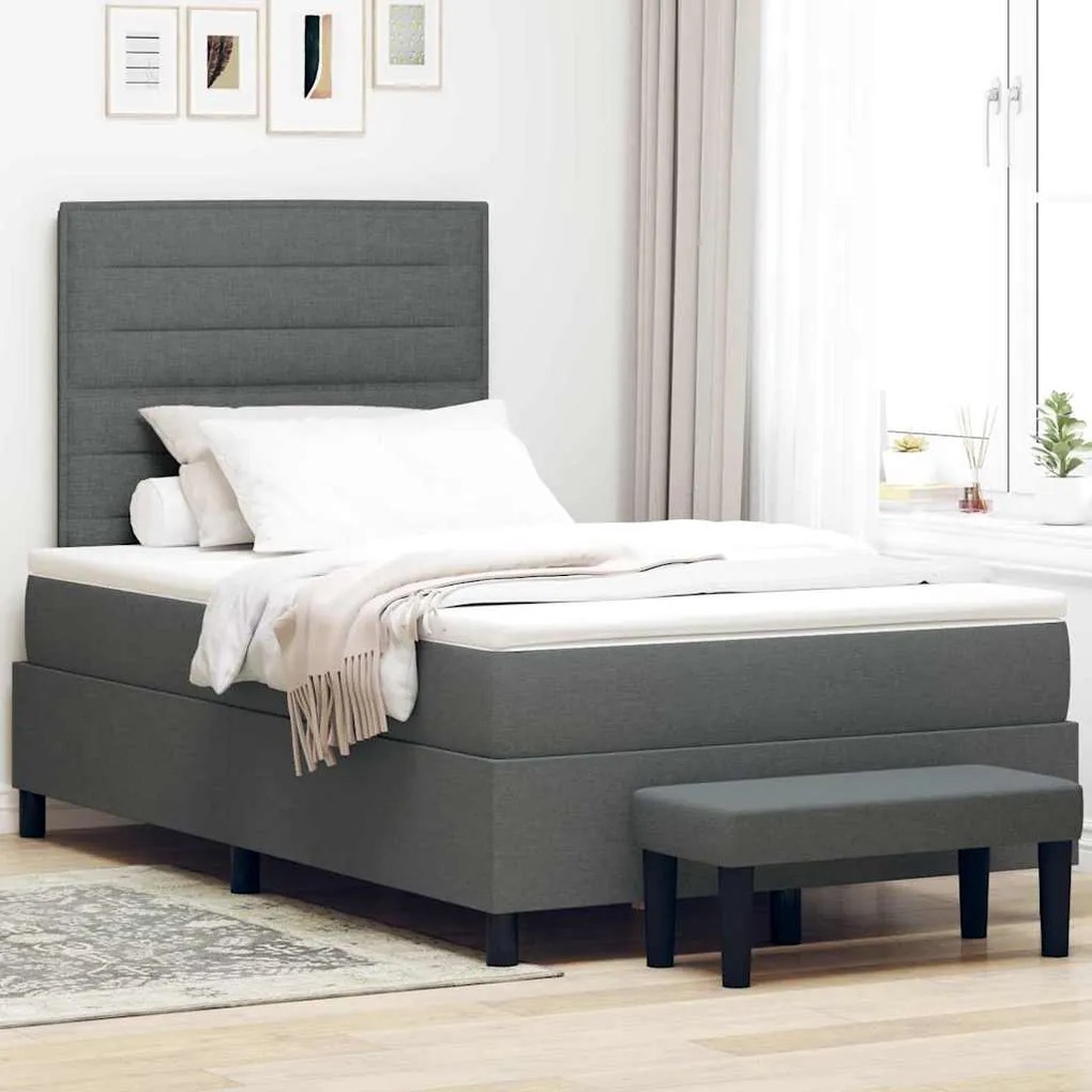 Cama Box Spring com Colchão e Banco Cinza Escura 120x190 cm Tecido
