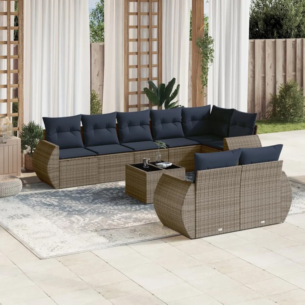 vidaXL 9 pcs conjunto sofás p/ jardim c/ almofadões vime PE cinzento