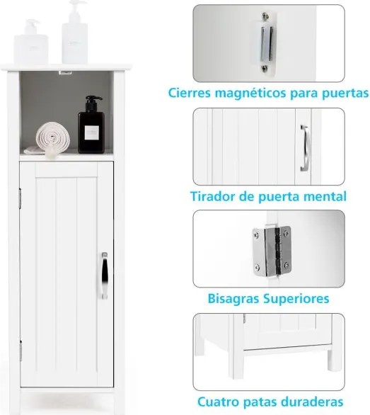Armário para casa de banho com 3 prateleiras e porta  30 x 30 x 80 cm Branco