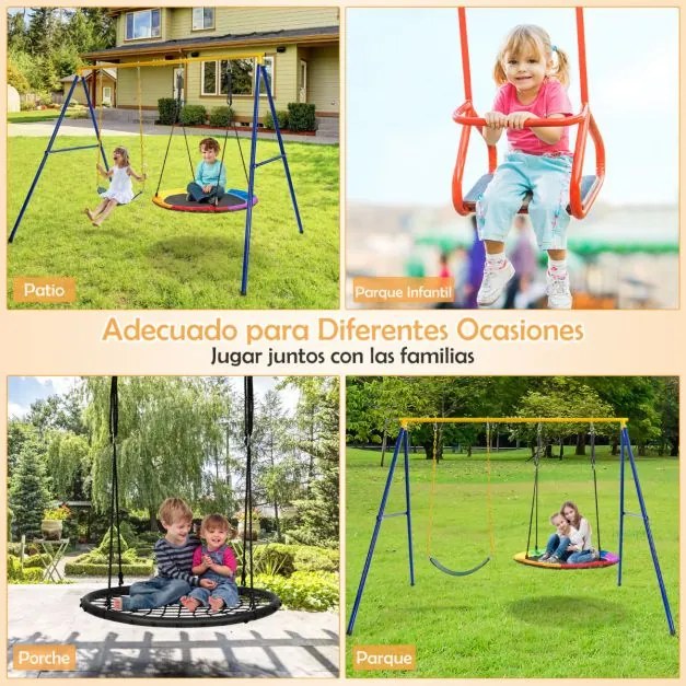 Conjunto de 2 Baloiços de Jardim Exterior em Aço para Crianças até 300 kg com Estrutura em Cordas Ajustáveis ​​249x185x181,5 cm