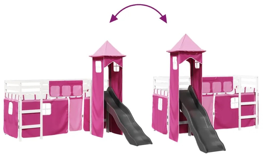 Cama alta para criança com torre 90x190 cm pinho maciço rosa