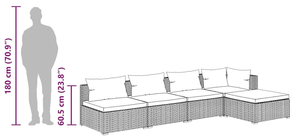 5 pcs conjunto lounge jardim c/ almofadões vime PE castanho
