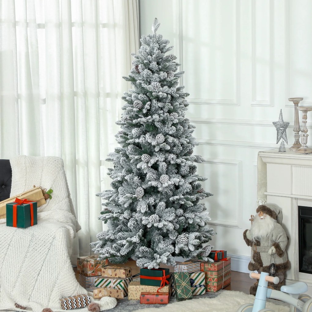Árvore de Natal artificial de 180 cm com suporte metálico, 1489 ramos cobertos de neve, pinhas, verde