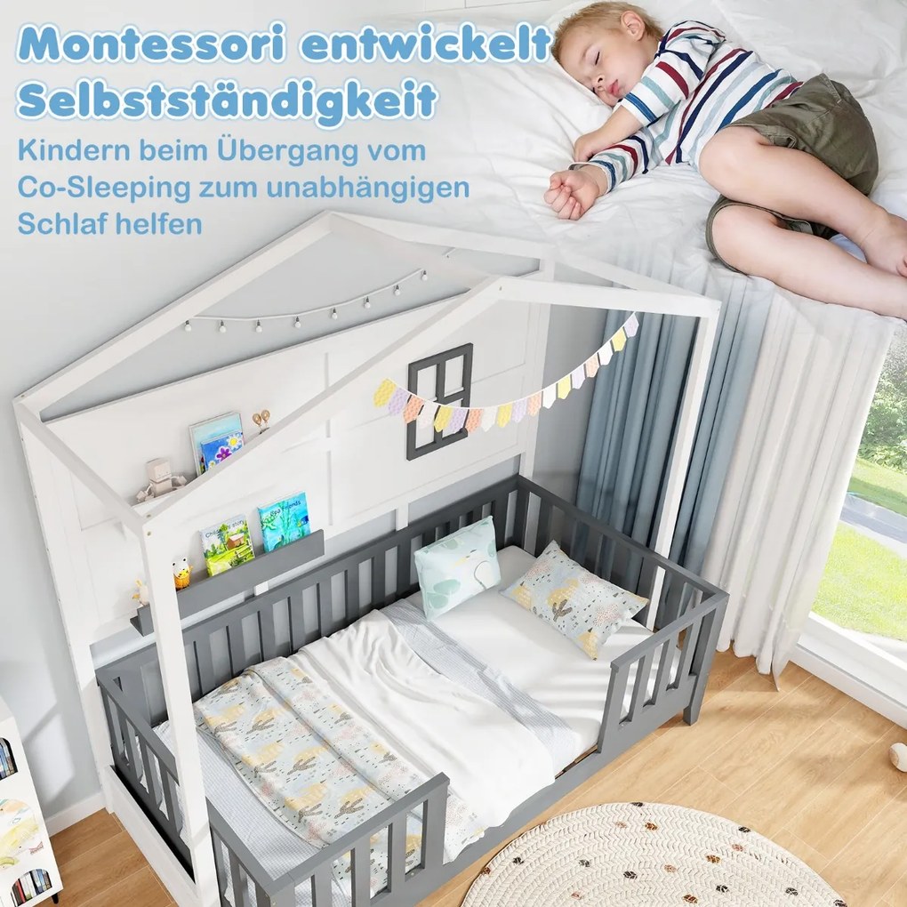 Cama de casal em formato de casa com escrivaninha, gavetas e base de colchão com 18 ripas de madeira