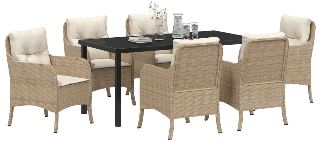 Conjunto de Jantar de Jardim de 7 Peças com Almofadas Bege Poliéster