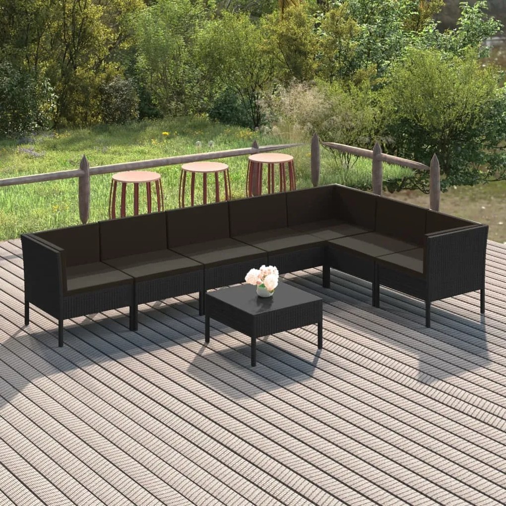 vidaXL 8 pcs conjunto lounge de jardim c/ almofadões vime PE preto