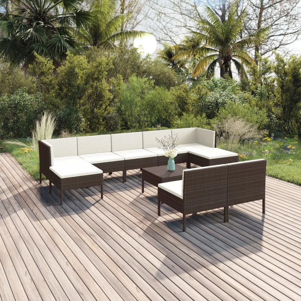 10 pcs conjunto lounge jardim c/ almofadões vime PE castanho