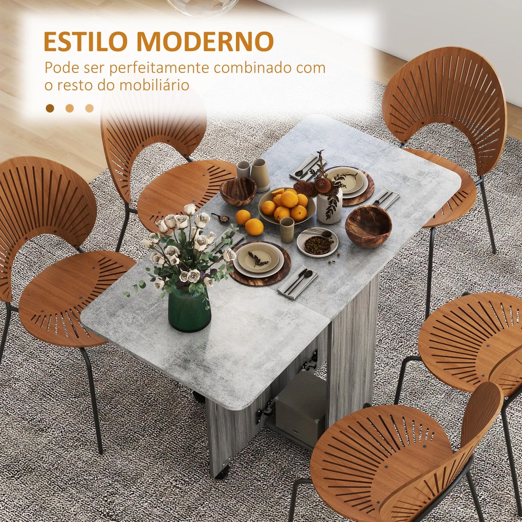 Mesa de Refeição Dobrável com Rodas 120x60x76,5 cm com 2 Gavetas e Armário Mesa Auxiliar Multifuncional Cinza