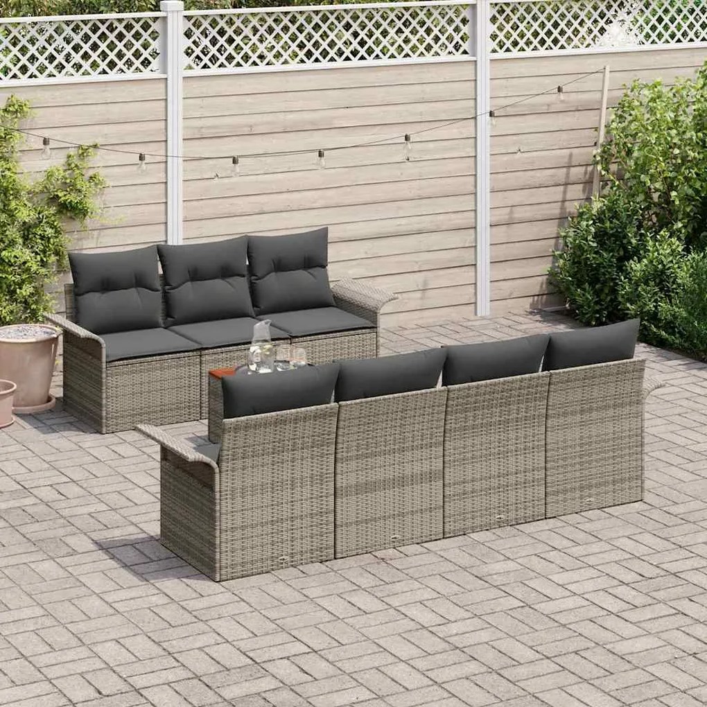 Conjunto de Sofá de Jardim 8 Peças Cinza com Almofadas de Rattan e Pol