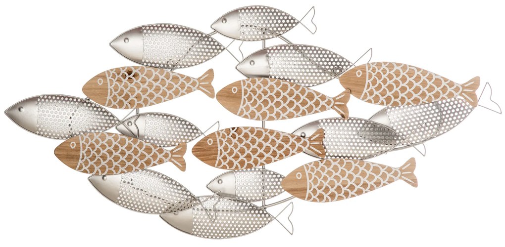HOMCOM Decoração de Parede de Metal e Madeira 3D de Peixes 100x47cm Arte de Parede Metálica para Sala de Estar Dormitório Escritório Prata e Madeira