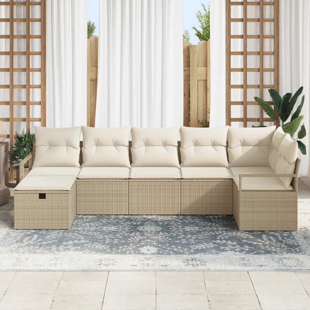 Conjunto de Sofá de Jardim vidaXL de 7 Peças com Almofadas Bege Rattan
