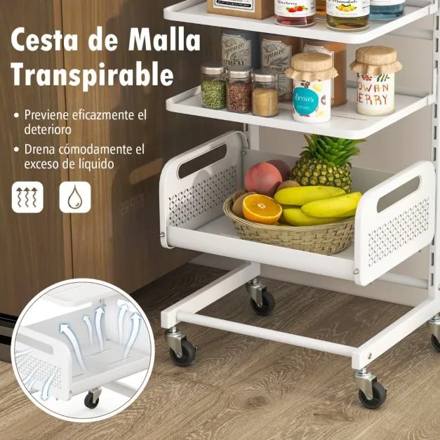 Carrinho de cozinha com 4 níveis Estantes metálicas ajustáveis Pega de madeira Rodas de borracha Multifunções para cozinha, casa de banho, sala de est