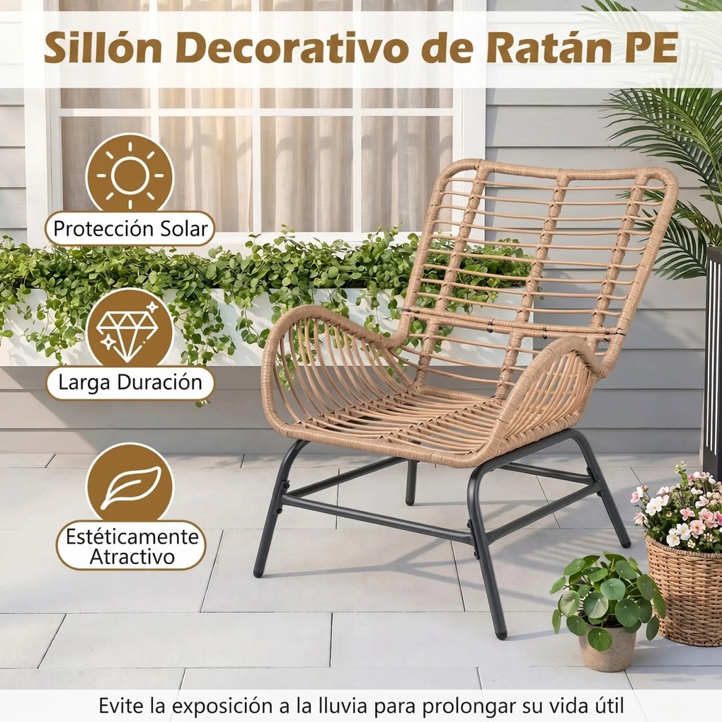 Cadeira de jardim em rattan com almofada removível, encosto alto, braços e Estrutura metálica para terraço, pátio ou varanda, com capacidade para 170