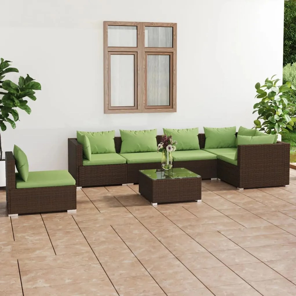 vidaXL 7 pcs conjunto lounge de jardim c/ almofadões vime PE castanho