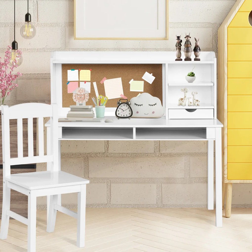 Conjunto de secretária e cadeira para crianças com Gavetas e Estantes Branco