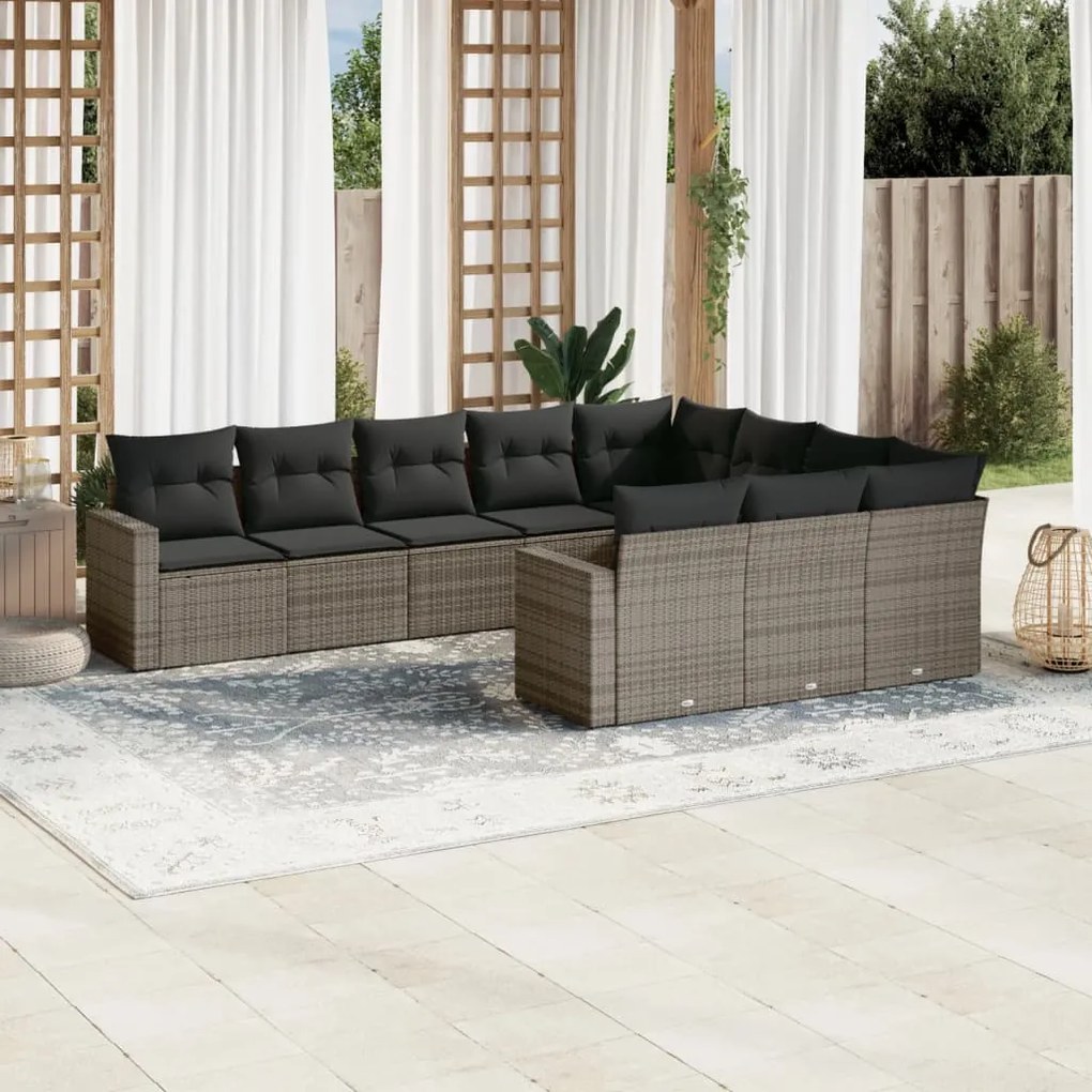 10 pcs conjunto sofás de jardim c/ almofadões vime PE cinzento
