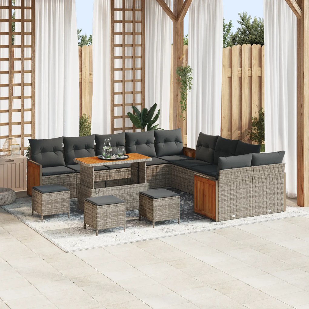 Conjunto de Sofá de Jardim vidaXL de 14 Peças com Almofadas Cinza Polyrattan Acácia
