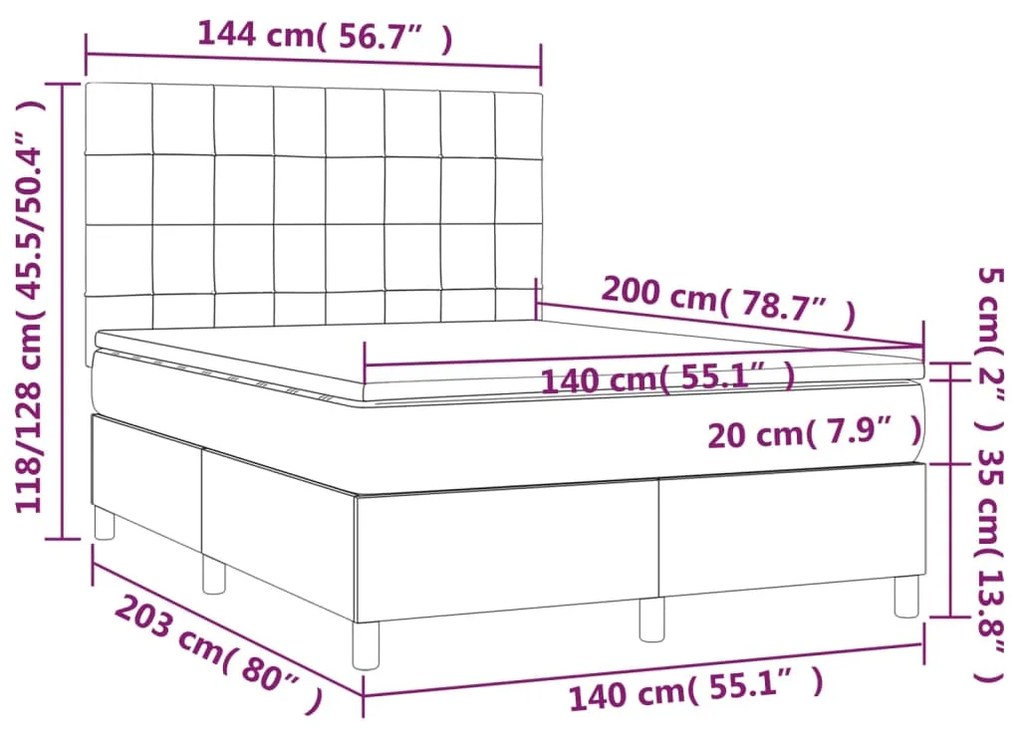 Cama box spring c/ colchão/LED 140x200 cm veludo verde-escuro