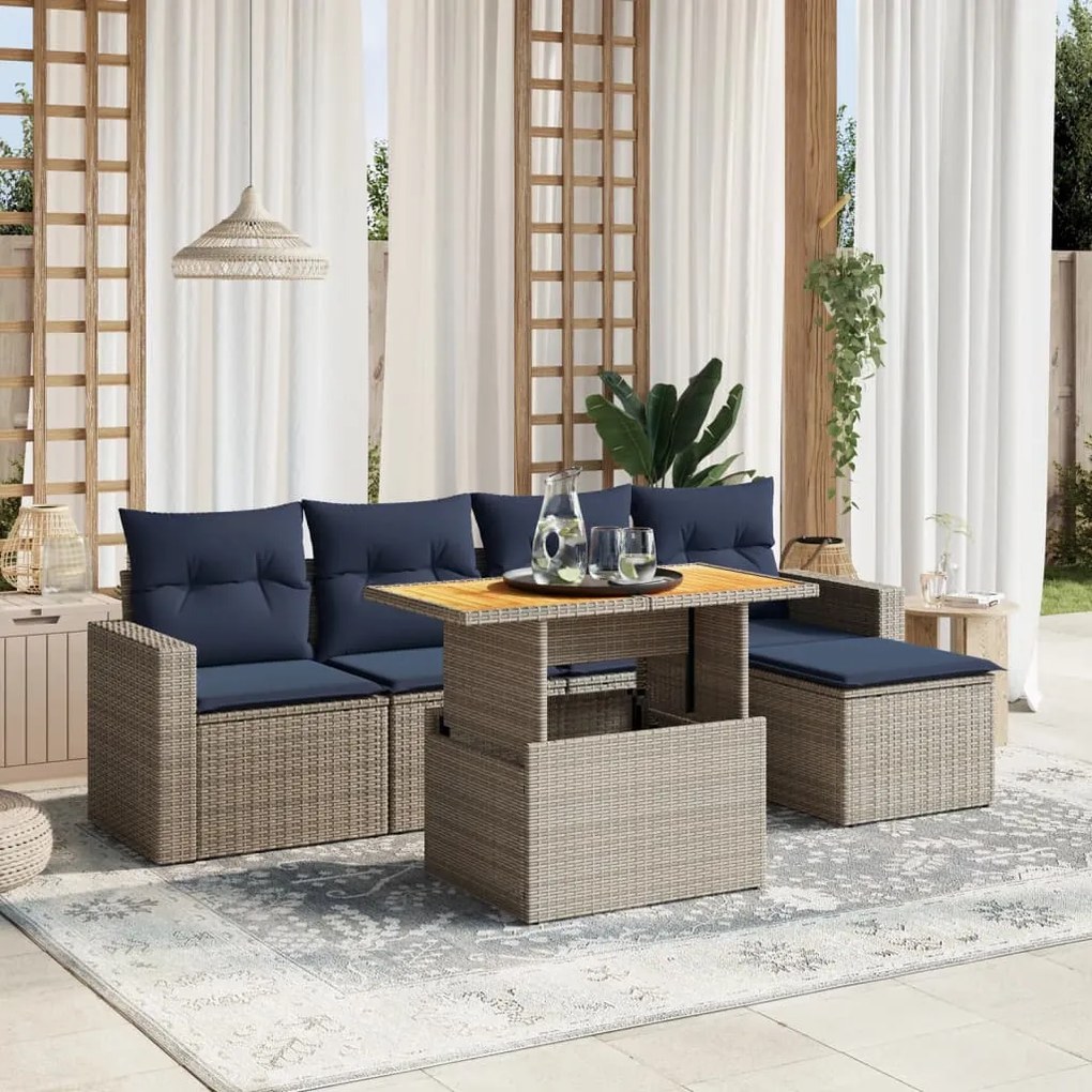vidaXL 6 pcs conjunto sofás p/ jardim c/ almofadões vime PE cinzento