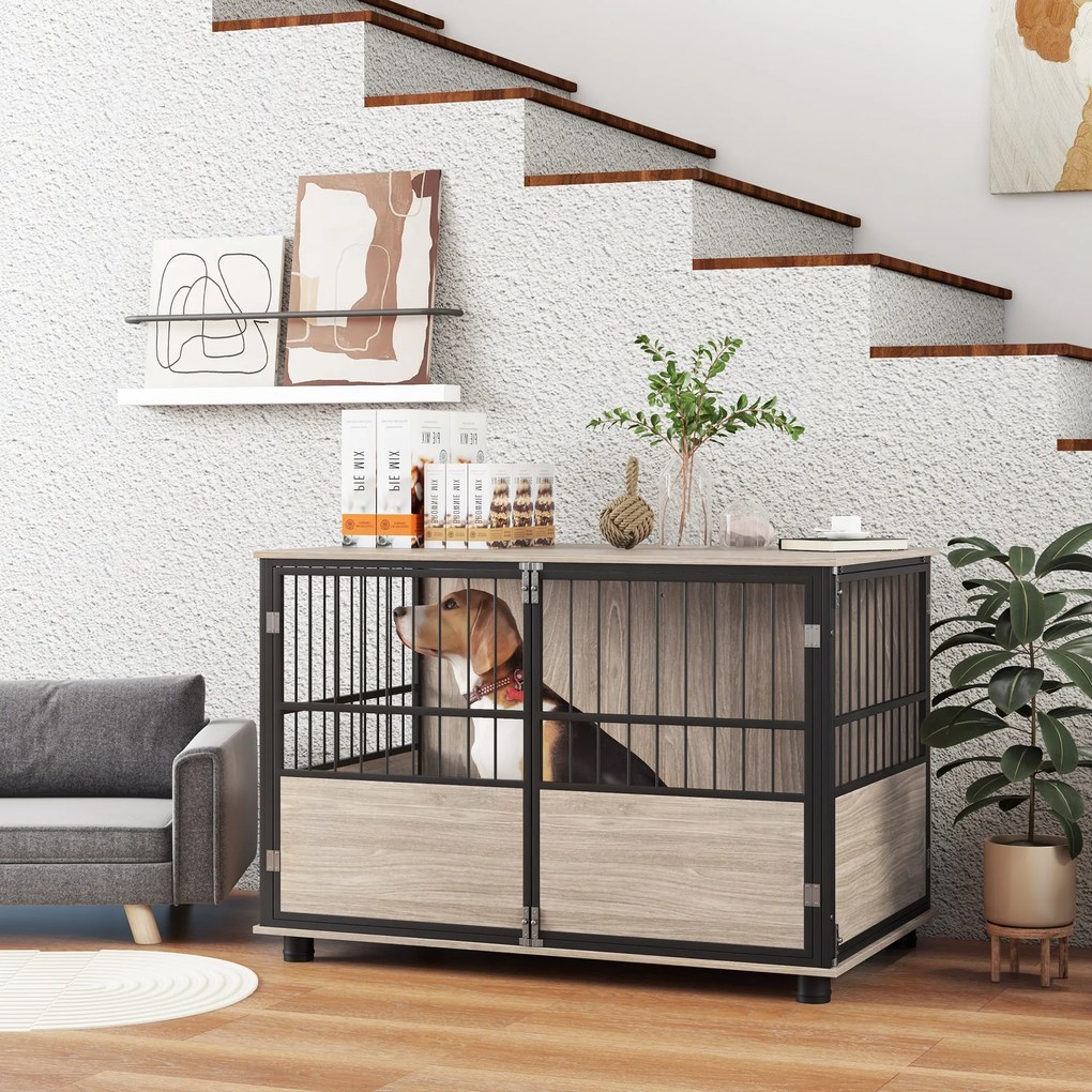 Gaiola para cães de interior, mesa auxiliar, 100 x 60 x 68 cm, casota, 3 portas com fechadura, acabamento em cor nogueira, preto