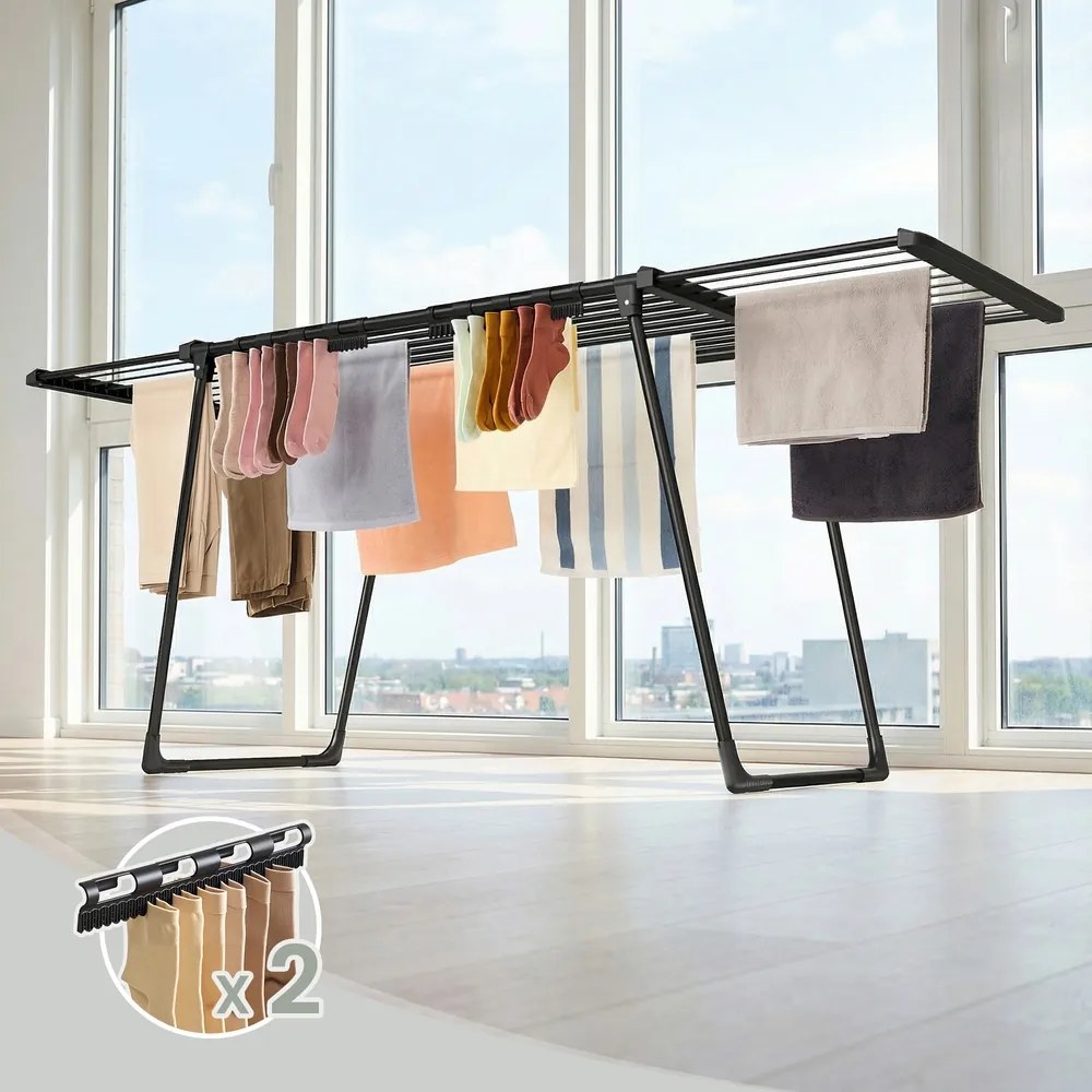 Estendal roupa 62,5 x (113,5-200) x 90 cm, secador de roupa de pé, braços extensíveis preto