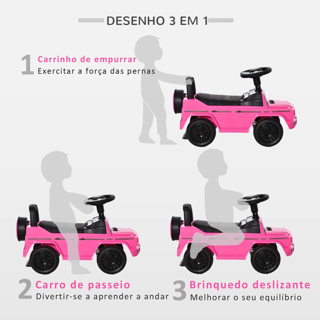 Carro Andador para Bebés com Licença Mercedes G350 com Compartimento de Arrumação e Volante Carga 25 kg 62,5x28,5x45 cm Rosa