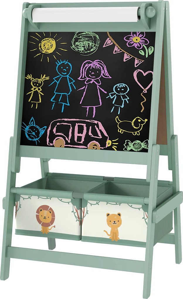 Quadro infantil 3 em 1: cavalete infantil de dupla face, quadro preto e branco, com rolo de papel, 54 x 46 x 94 cm, verde