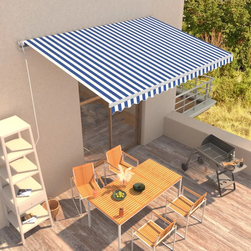 vidaXL Toldo retrátil automático 450x300 cm azul e branco