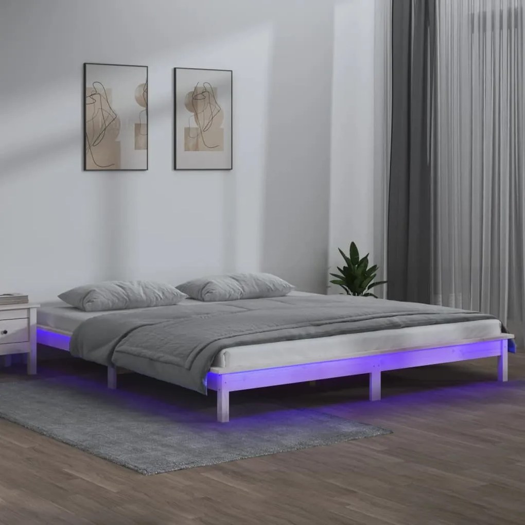 Estrutura de cama c/ LEDs 160x200 cm madeira maciça branco
