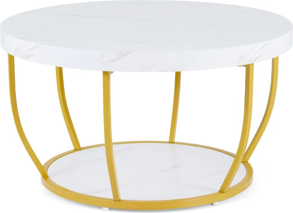 Mesa de centro redonda 80 cm de 2 níveis com arrumação com Estrutura metálica para sala de estar Branca