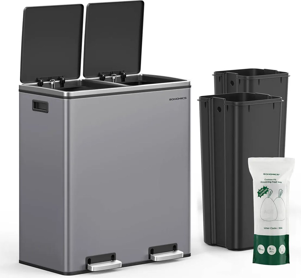 Caixote do lixo com 2 compartimentos e tampa articulada 2 x 30 litros cinzento ardósia