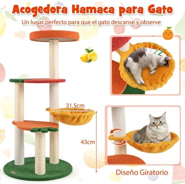 Arranahdor para gatos estilo fruta de 99,5 cm, vários níveis com cabide acolchoado, cesto giratório e postes de sisal para arranhar Laranja