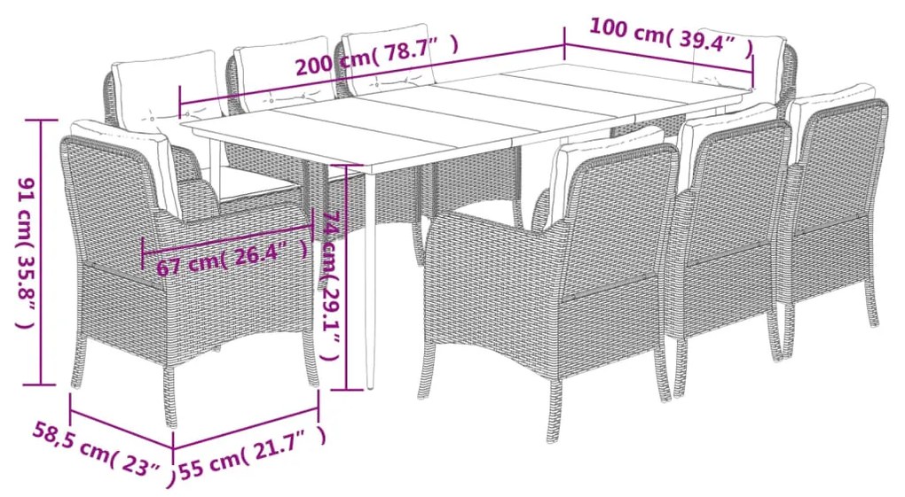 9 pcs conjunto de jantar p/ jardim c/ almofadões vime PE cinza