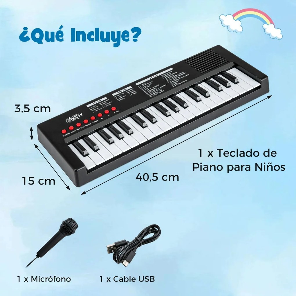 Teclado de piano para crianças elétrico portátil de 37 teclas com 8 ritmos, 8 tons e 22 demos Instrumento musical eletrónico Preto